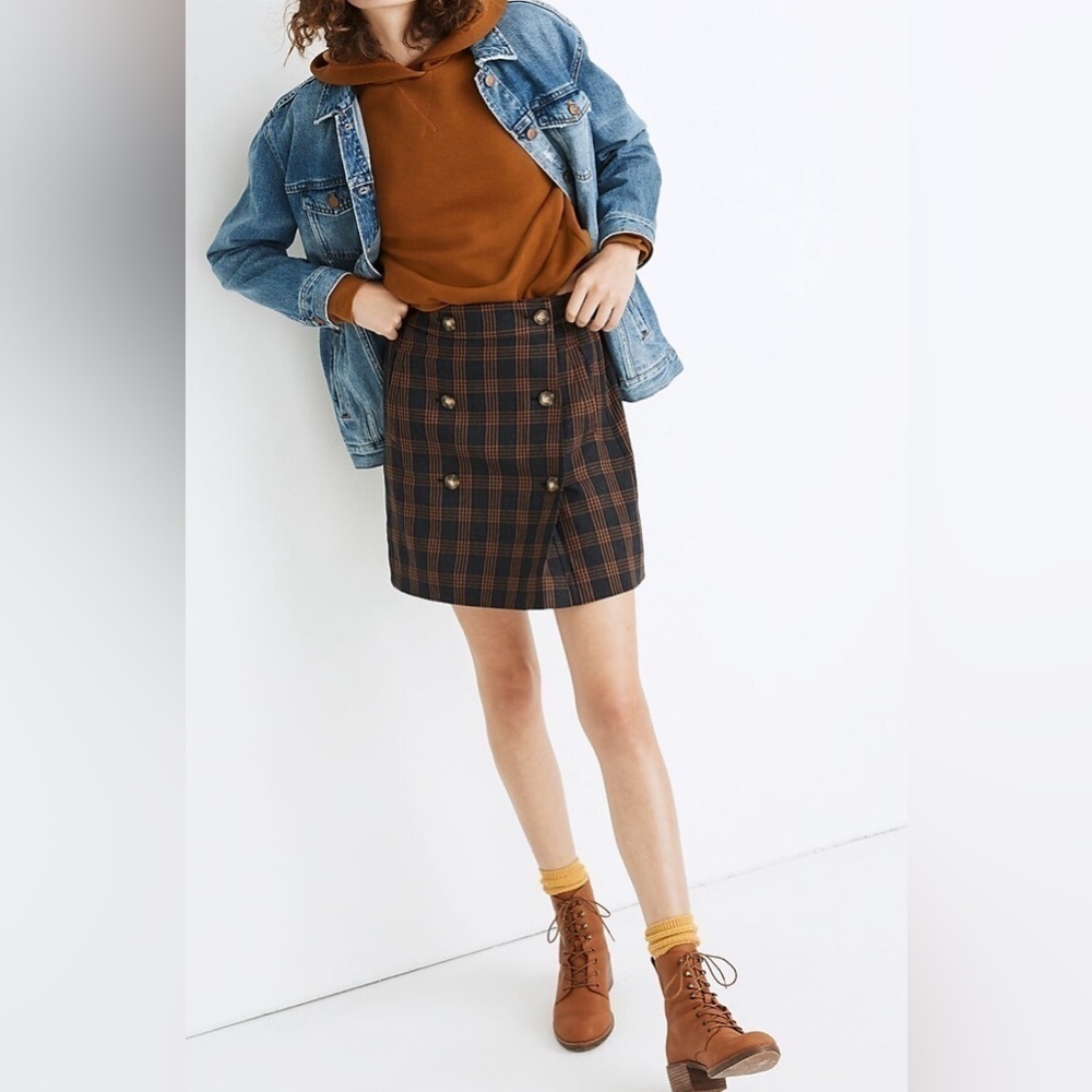 Madewell Plaid Double-Breasted Mini Skirt Sz XXS Navy Brown - Picture 2 of 9